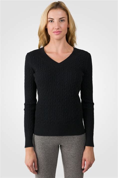 Black Cashmere Cable Knit V Neck Sweater Cashmere Sweater Women