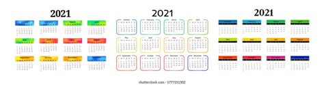 Set Three Horizontal Calendars 2021 Isolated Stock Vector Royalty Free