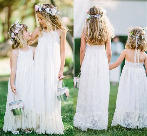 White Lace Halter Flower Girl Dresses For Beach Wedding Party 2016