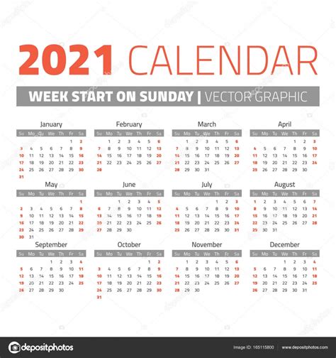Simple 2021 Year Calendar — Stock Vector © 123sasha 165115800