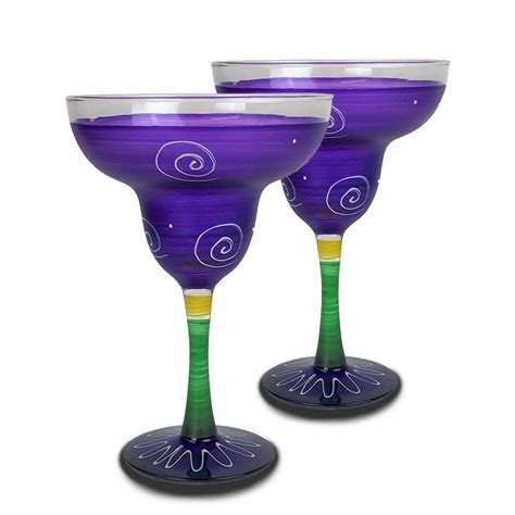 Set Of 2 Purple And Yellow Hand Painted Margarita Drinking Glasses 12 Oz