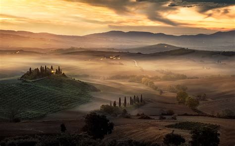 Sunrise Hill Sky Mist Tuscany Nature Wallpaper 177122