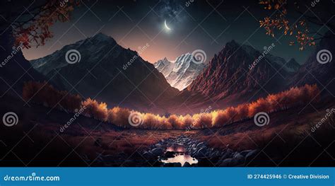 Realistic Panorama Of Mountain Landscape At Night Generative Ai Stock