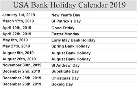 Us Bank Holidays Calendar 2019 Holidays Calendar School Holiday
