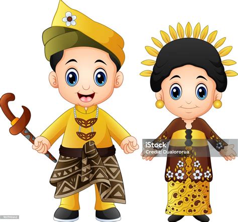 Cartoon Malaysia Couple Wearing Traditional Costumes Stock Illustration