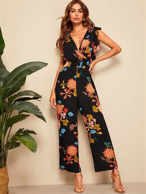 floral print ruffle trim surplice jumpsuit shein usa in 2020 jumpsuits for women boho