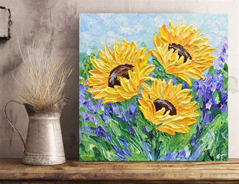 Sunflower Painting Impasto Art 12x12 Acrylic Textured Painting Wall