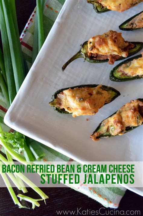 Bacon Refried Bean And Cream Cheese Stuffed Jalapenos Katies Cucina