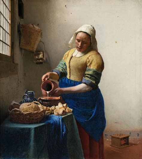A maidservant pours milk, entirely absorbed in her work. Johannes Vermeer - The Milkmaid 1660 | Periods - baroque ...