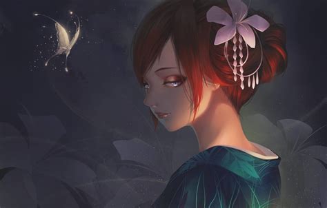 Wallpaper Look Girl Flowers Butterfly Anime Art Geisha Images For