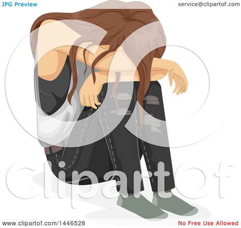 clipart of a depressed brunette white teenage girl crying over her knees royalty free vector