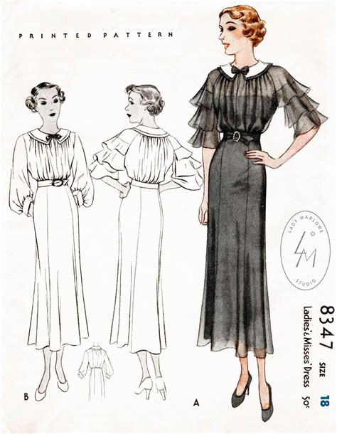 1930s Afternoon Tea Dress Tiered Ruffles Vintage Sewing Pattern Lady