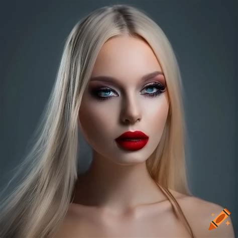 a blonde russian girl red lips dark eyeliner big eyes thorns crown portrait