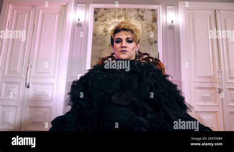 Transvestite Woman Monarch Proud Sit Throne Transgender Man Lgbt Look Camera Stock Video