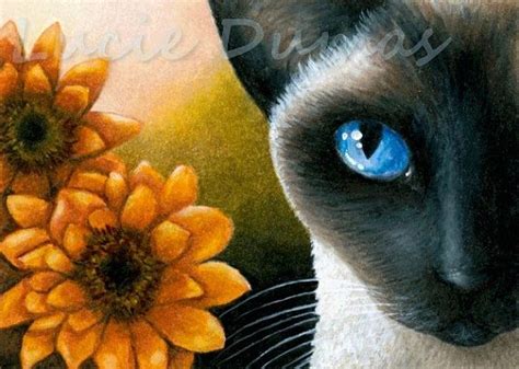 Aceo Art Print Siamese Cat 575 Flower Painting By Lucie Dumas Art