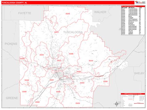 Tuscaloosa County Al Zip Code Wall Map Red Line Style By