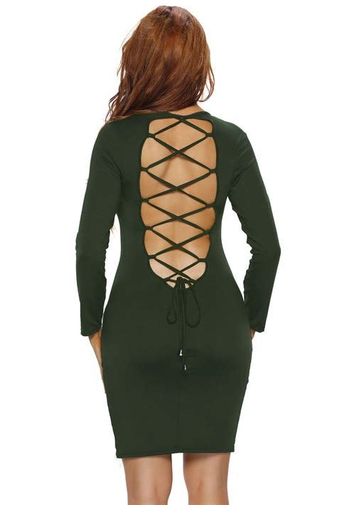 Army Green Lace Up Back Long Sleeve Bodycon Mini Dress Long Sleeve Dress Online Long Sleeve
