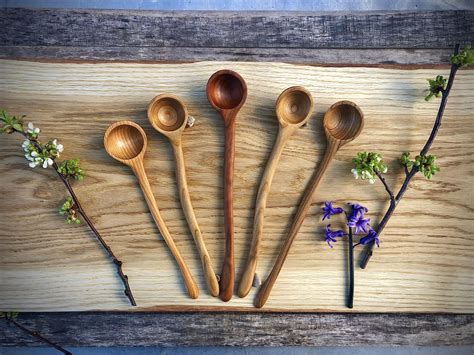 Set Of 5 Hand Carved Cherry Wood Spoons Long Stirring Scooping Natural