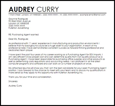 They work for retail fashion and department stores, selecting items they think will be attractive to customers. Purchasing Agent Cover Letter Sample | LiveCareer