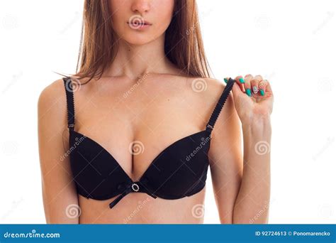 Junges Mädchen Der Schönen Natürlichen Großen Brust In Der Schwarzen Bhnahaufnahme Stockbild