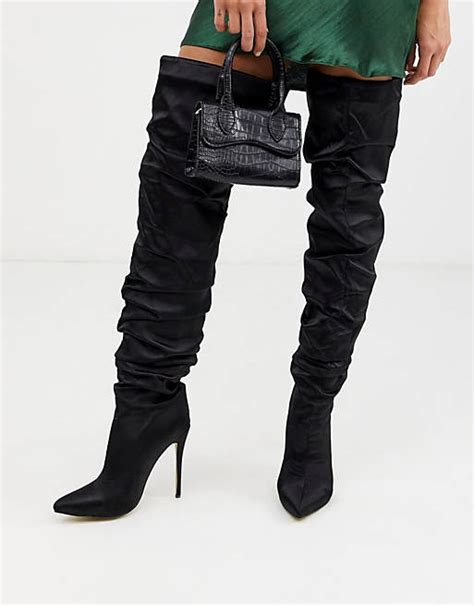 missguided satin thigh high boot in black asos