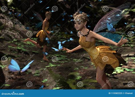 A Fairies Flying In Magical Forest Stock Illustration Illustration Of