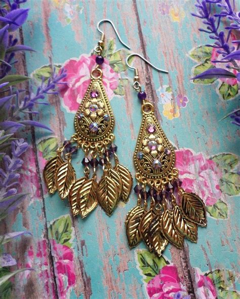 Antique Gold Floral Bohemian Chandelier Earrings Leaf Dangle Etsy