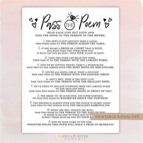 Pass The Poem Bridal Shower Printable Game Bachelorette Hens Party Wedding Kraft