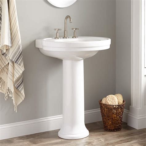 They take up little real estate, but counter space is at a minimum, with just a little room to the side of the faucet to hold a soap dispenser, if that. Cruzatte Porcelain Pedestal Sink - Bathroom