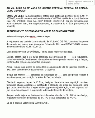 Modelo De Peti O Requerimento De Pens O Por Morte De Ex Combatente