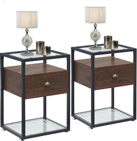 Javlergo Set Of 2 Tempered Glass Nightstand With 1 Drawer And Open