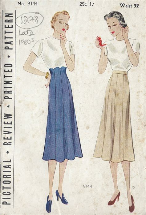 1930s Vintage Sewing Pattern Waist 32 Skirt 1278 Pictorial Review