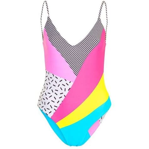 Topshop 80s Patchwork Swimsuit 40 Liked On Polyvore Featuring