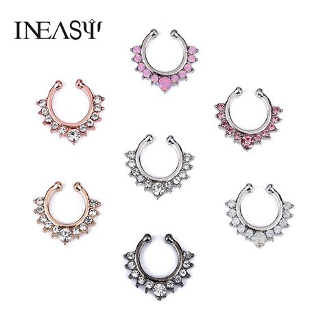 Crystal False Nose Rings And Studs Round Fake Septum Piercing Clicker