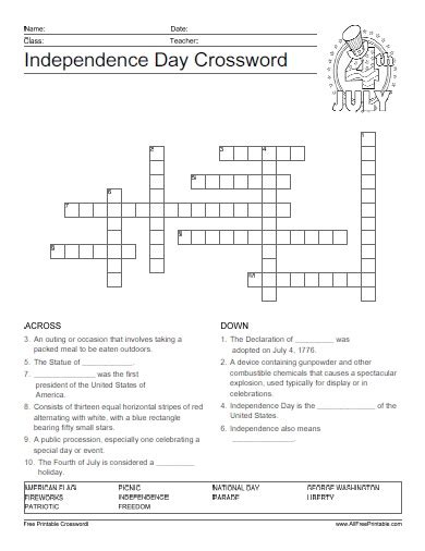 Independence Day Crossword Free Printable