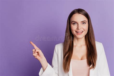 Close Up Portrait Of Excited Promoter Lady Direct Finger Empty Space