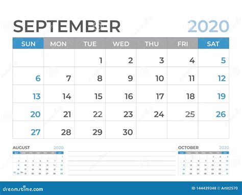 Settembre 2020 Modello Del Calendario Dimensione 8 X A 6 Pollici