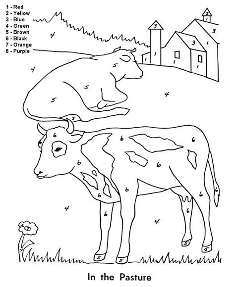 Color By Numbers Cows In a Pasture on a Farm Coloring Page for Kids