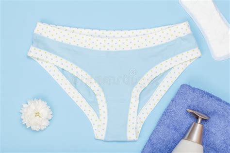 beautiful women`s panties with a sanitary napkin and towel on blue background stock image
