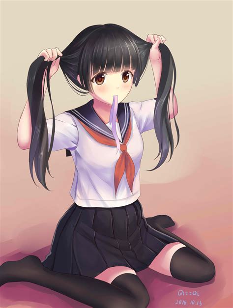 Wallpaper Illustration Long Hair Anime Girls Stockings Cartoon Black Hair Brown Eyes
