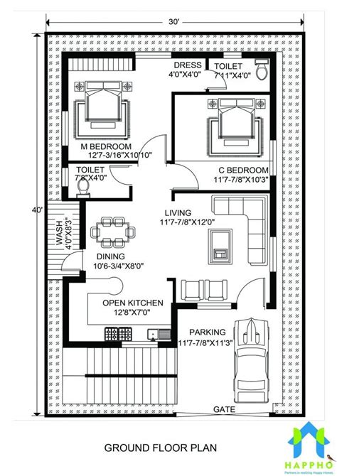 Vastu Complaint 2 Bedroom Bhk Floor Plan For A 30 X 40 Feet Plot 750