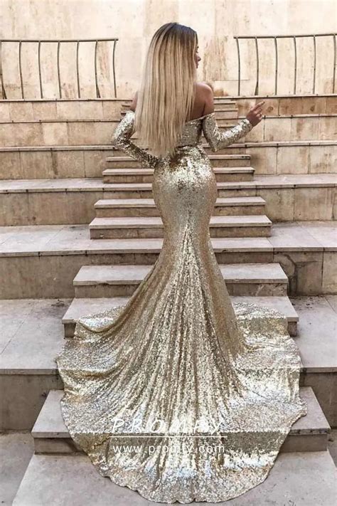 Off The Shoulder Long Sleeve Gold Sequin Prom Dress Promfy