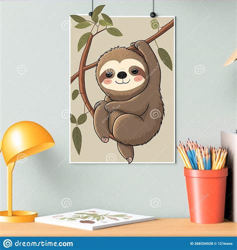 Joyful Cute Cartoon Sloth Hanging On A Branch By Generative Ai Stock Illustration Illustration