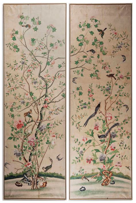 Chinese A Pair Of Painted Wallpaper Panels 19th Century Furniture