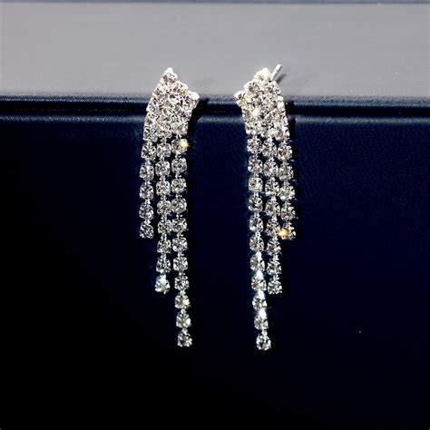 Wedding Tassels Long Earrings Shiny Silver Rhinestone Crystal Dangle Earrings For Women Bridal