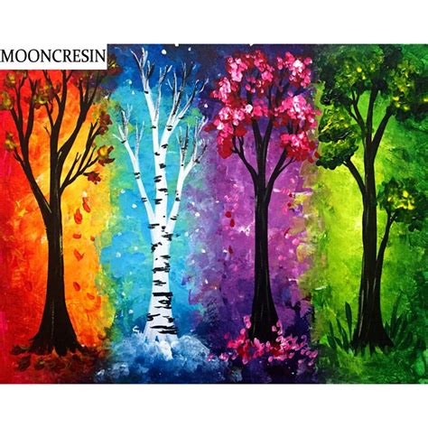 New 5d Diy Diamond Painting Needlework Landscape Four Seasons Tree