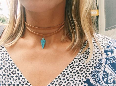 The Turquoise Point Wrap Choker Boho Necklace Made With Tan Or Black