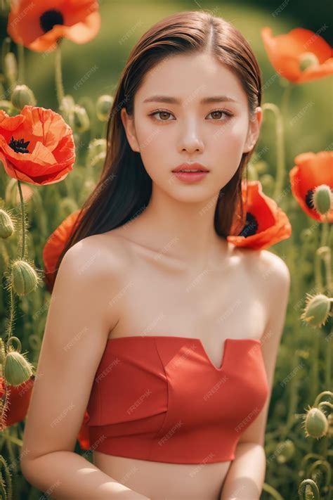 premium ai image portrait of beautiful japanese women with slicked back hair red strapless top