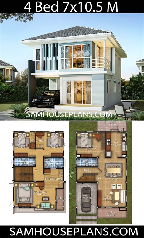Two Story House Plan With Floor Plans And Elevation Views For The Front