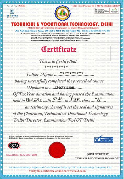 Iti Sample Certificate Technical And Vocational Technology Delhi